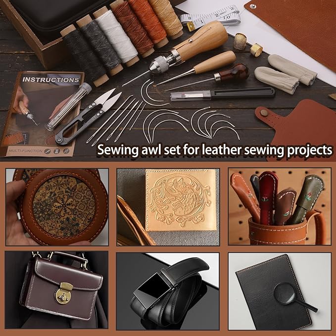 Sewing Awl Kit, Portable Tool Stitching Leather Sewing Thread, Waxed Thread Kit for DIY Leather Sewing Repair Craft