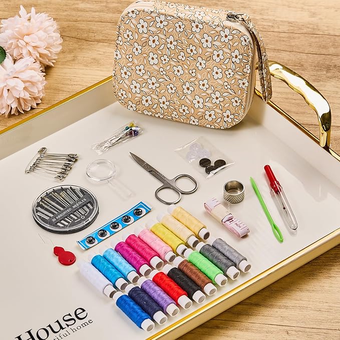 Bobode Sewing Project Kits Printing Sewing Kit Mini Basic Sewing Supplies Accessories Floral Pattern Travel Sewing Kit for Adults,Professional Sewing Sets for Arts Craft DIY,Emergency,Beginners