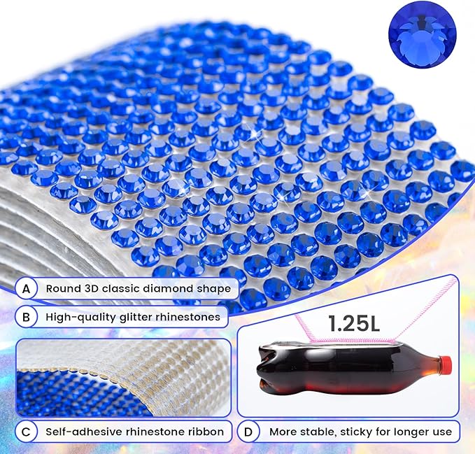 Novani Self Adhesive Rhinestone Ribbon, 1.14 Inch Wide 3 Yards 1 Roll, Royal Blue Crystal Diamond Bling Strips for DIY Crafts,Home Decor,Glitter Glass Rhinestones Tape for Crafting,Car Decoration