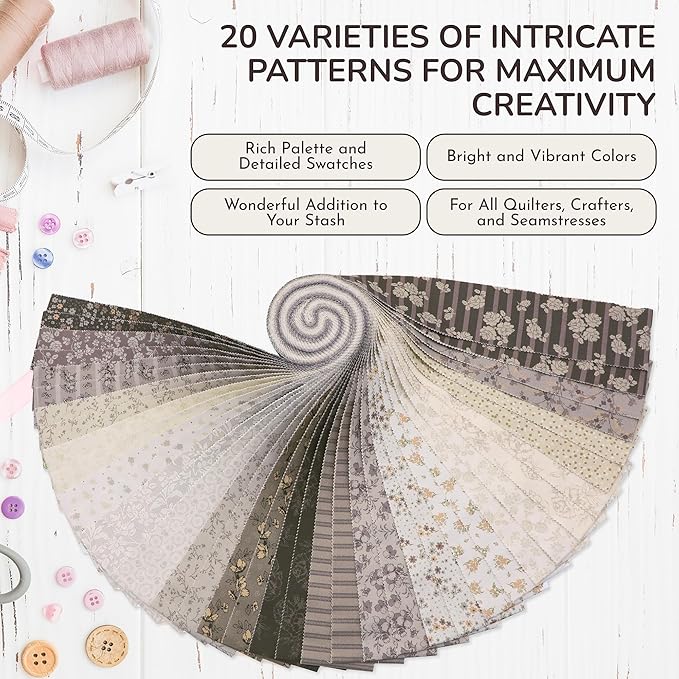 Tinyspool & Co. Jelly Roll Fabric Strips for Quilting, Crafting, and Sewing, 40 Strip Assorted Bundle, Soft Cotton for Blanket, Rug, Upholstery, Home Decor, and Purse Making, Star Dune