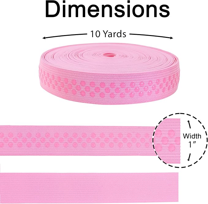 Mandala Crafts 1 Inch Elastic Silicone Gripper Tape for Clothing - 10 Yds Dotted Non Slip Elastic Band for Sewing - Pink Silicone Flat Fabric Stretchy Ribbon Straps