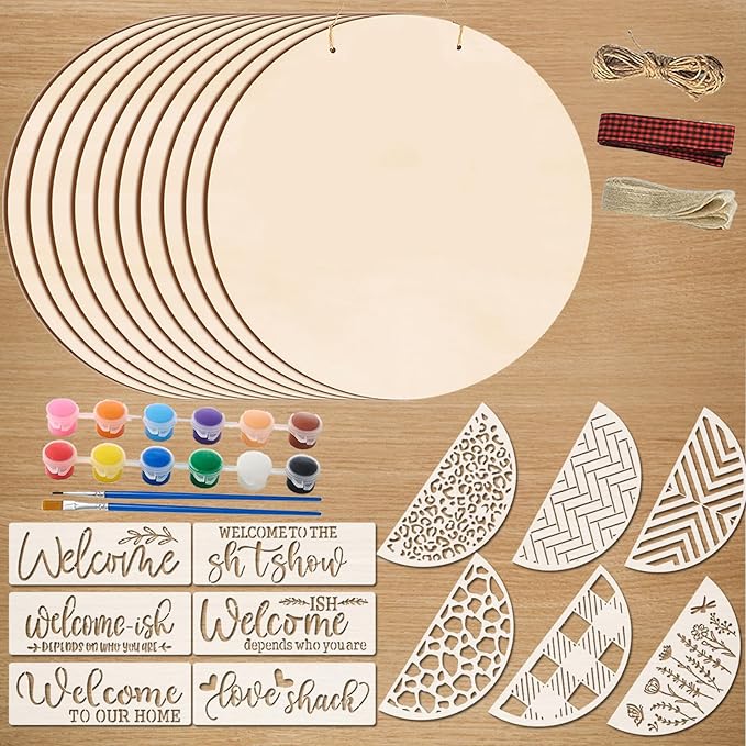 12 Inch Wood Circles for Crafts, 10Pcs Unfinished Wood Rounds with 12Pcs Welcome Stencils & 12Pcs Painting, DIY Wooden Crafts for Door Hanger, Wood Burning, Painting, Christmas Thanksgiving Day Decor