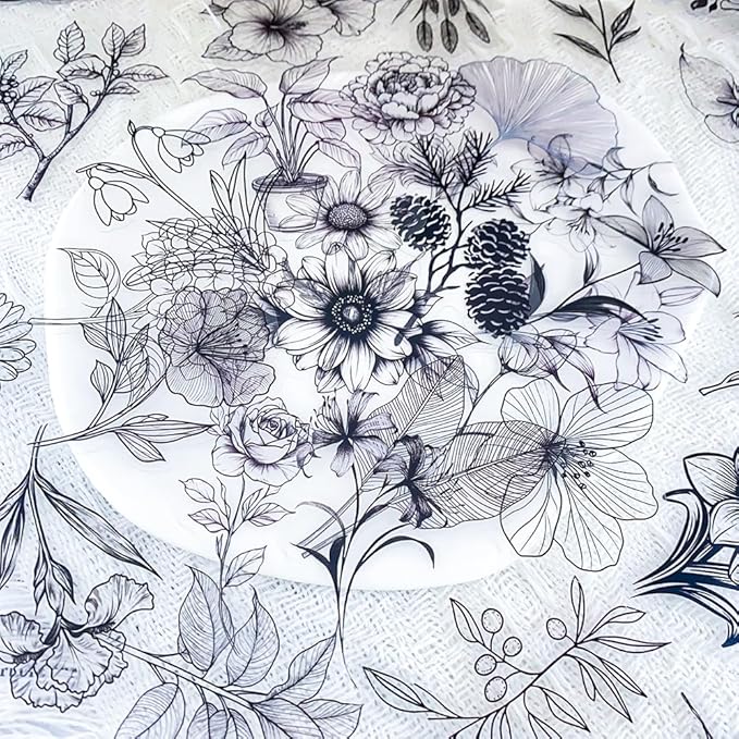 50Pcs Black Transparent Waterproof Plant Stickers for Scrapbooking, Journaling & Crafts – Floral & Botanical Decals for Resin Art Projects, Planners, Cards, Gifts