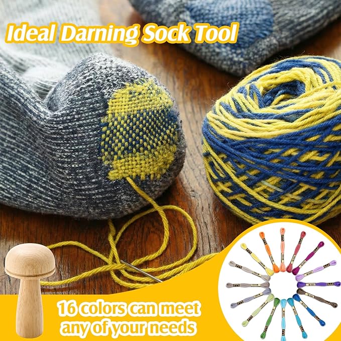 Jexine Darning Mushroom for Socks Wooden Darning Supplies with Large Eye Needles Sewing Threads for Socks Clothes Adults Darner DIY Craft Home Sewing Care (Multiple Color)