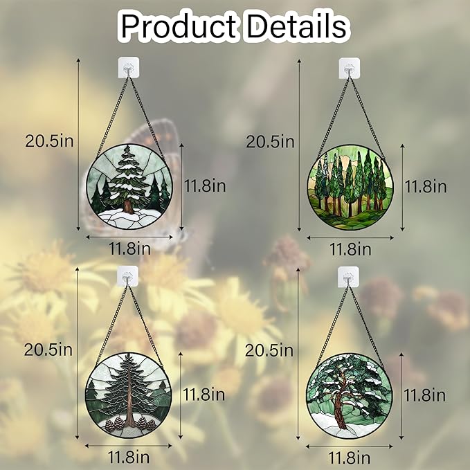 Stained Glass Window Hanging 4 Pcs Set Forest Green Trees Winter Snow Large 11.8" - Suncatcher Door Garden Sun Catcher Home Decor Birthday Mother's Day for Woman Nana Mom Men