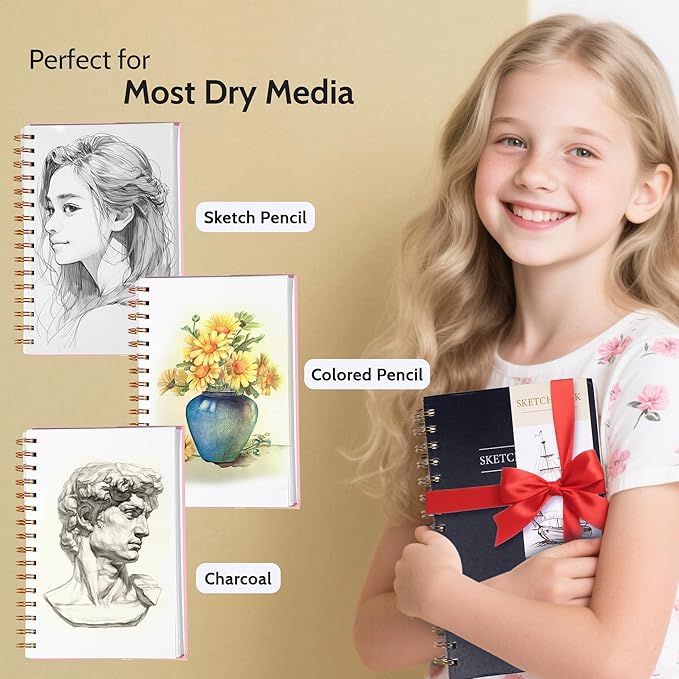 Yoment 5.5" x 8.5" Sketch Book Small Sketchbook for Drawing 100 Sheets Hardcover Spiral Sketch Pad for Kids(68lb/100gsm) Art Sketchbook Drawing Blank Paper Book for Beginners Artists with Pencil Black