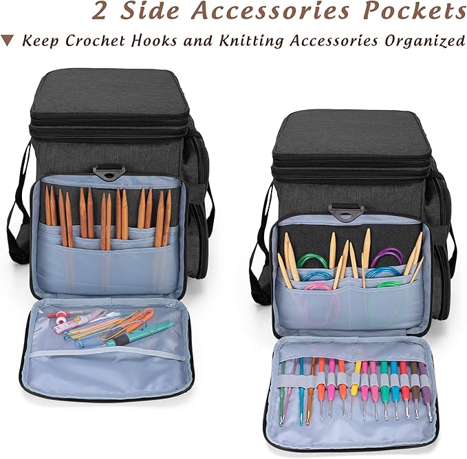 Yarwo Knitting Yarn Bag, Portable Crochet Storage Tote with Double Top Cover and Yarn Holes for Knitting Needles(Up to 14”), Unfinished Projects and Skeins of Yarn, Black