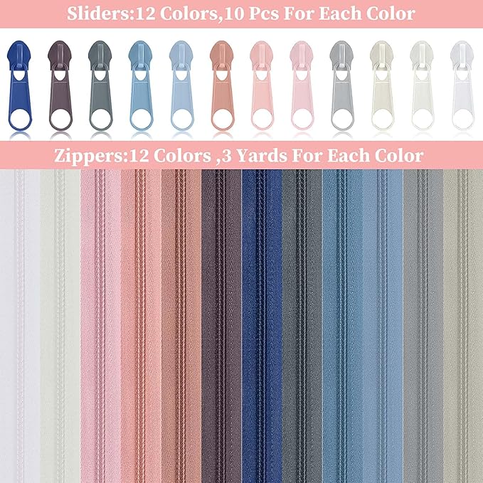 Syhood 36 Yards 12 Pieces #5 Sewing Zippers Tapes Assorted Nylon Lightweight with 120 Plastic Zipper Sliders for Women Men Sewing Supplies(Light Grayish)