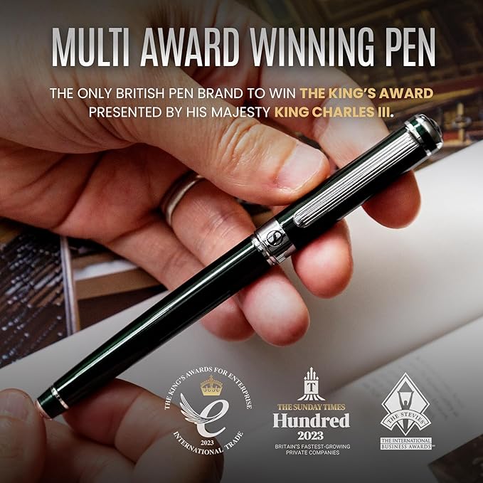 Scriveiner Black Green Rollerball Pen - Stunning Luxury Pen, Chrome Finish, Schmidt Ink Refill, Best Roller Ball Pen Gift Set for Men & Women, Professional, Executive Office