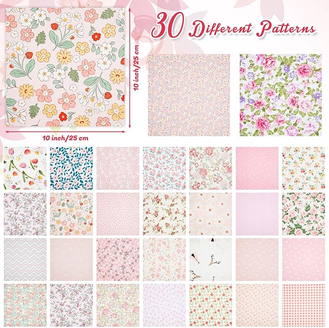 30 Pieces 10 x 10 Inches Cotton Fabric Bundle Squares Patchwork Floral Fabric Sewing Quilting Bundles Assorted Pattern Cloth for DIY Scrapbook Craft Making(Sweet)