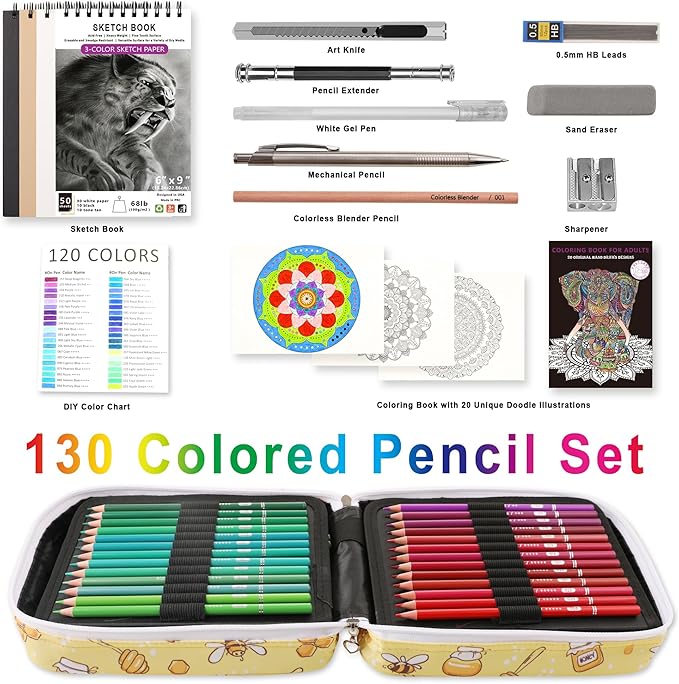 HIFORNY 130 Colored Pencils Set for Adults Coloring – 120 Colors Coloring Pencils with Extras,Artists Soft Core,Drawing Pencils Art Craft Supplies for Adults Beginners