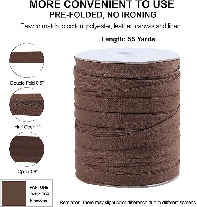 Bias Tape Double Fold 1/2 inch, Double Fold Bias Binding Tape 55 Yards (Brown) and 4 Pieces Sewing Fabric Chalks for Crafts, Sewing, Seaming, Hemming, Piping, Quilting.