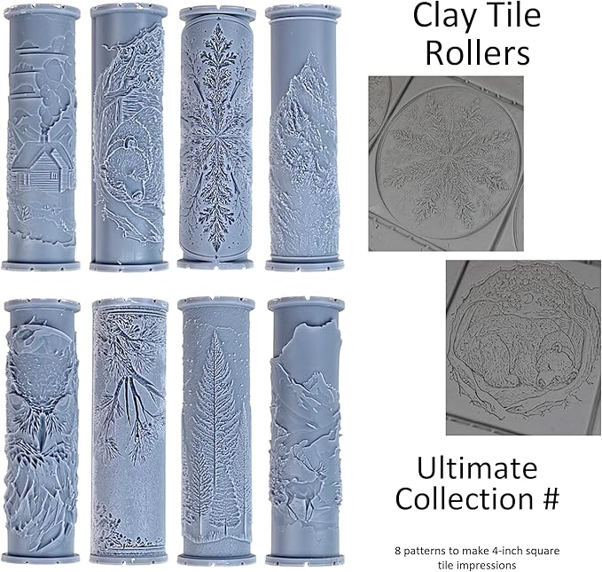 Ultimate Winter 8-Set Clay Texture Rollers (4") - Winter Set #01 - Embossing Pattern Rollers for Polymer & Ceramic Clay, Pottery & Crafts
