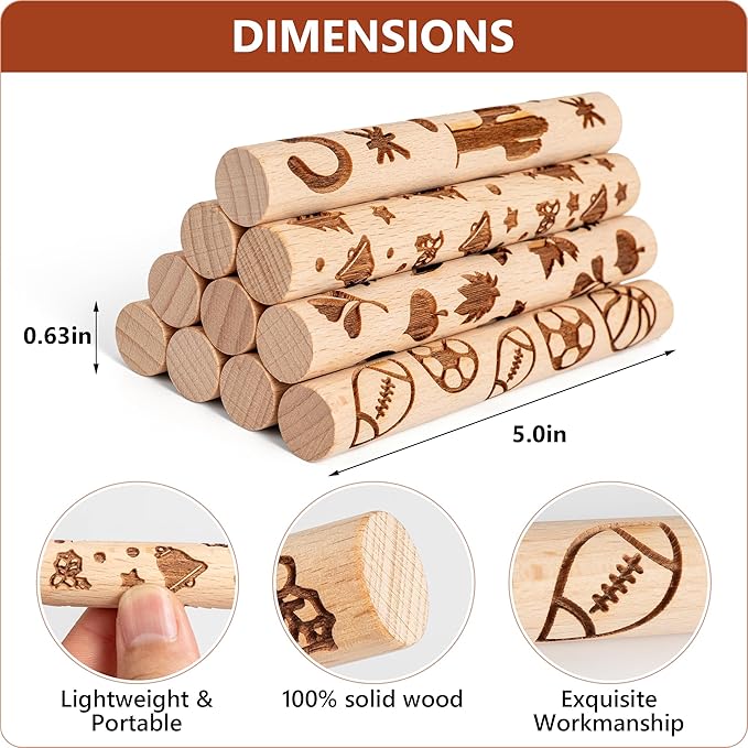 10pcs Wooden Clay Texture Rollers Set for Pottery & Ceramics - Holiday Patterns - Potters Stamp Roller Tools for Ceramic Slabs - Textured Rolling Modeling Pins (SEASONAL - 0.6" Thickness)