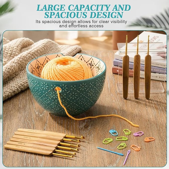 Suncalla Yarn Bowls for Crocheting Knitting, Ceramic Yarn Bowl with 9 Pcs Crochet Hooks and Tools, Knitting Craft Holder with 3D Relief Pattern, 6'' Large Wool Storage Christmas Gifts for Crocheters