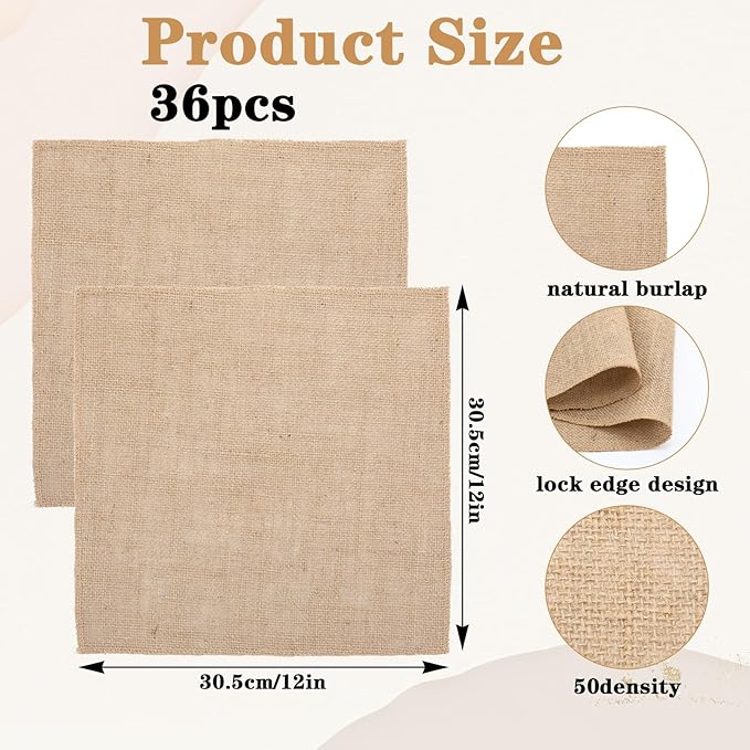 36 Pcs 12 x 12 Inches Burlap Squares - Natural Jute Fabric Placemats for Farmhouse, Wedding & Home Decor, Multipurpose Rustic Table Cover & Craft Supplies