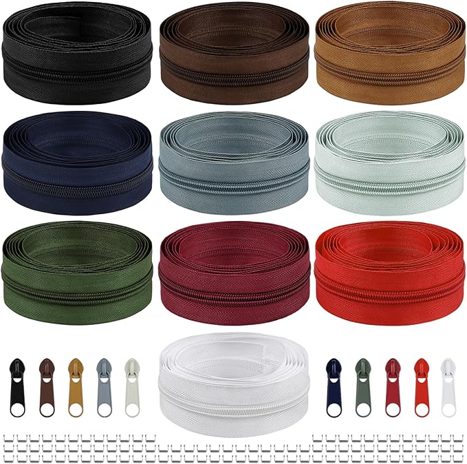 DOITEM 22.2 Yards/ 20 m 10 Pieces Assorted Colors #5 Nylon Coil Zippers, Sewing Zippers Endless Zips with 40 Pieces Zipper Sliders Zip Heads for DIY Sewing Tailor Craft Supplies