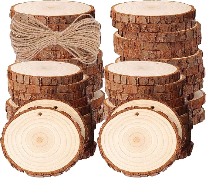 50pcs Wood Slices, BetterJonny 1.6-2 inch Undrilled Wooden Circles Predrilled with Hole Natural Wood Ornaments with 10 Meters Jute Rope for Arts DIY Craft