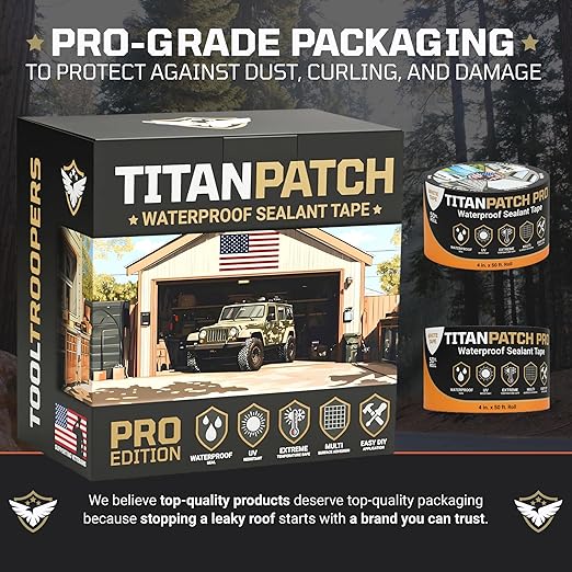 TITANPATCH PRO Waterproof Sealant Tape – White 4" x10' – Stops Leaks Fast & Stays Sealed for 15+ Years – Sticks to RVs, Roofs, Pools, Boats, Gutters – Built for Harsh Weather (-40°F to 190°F)