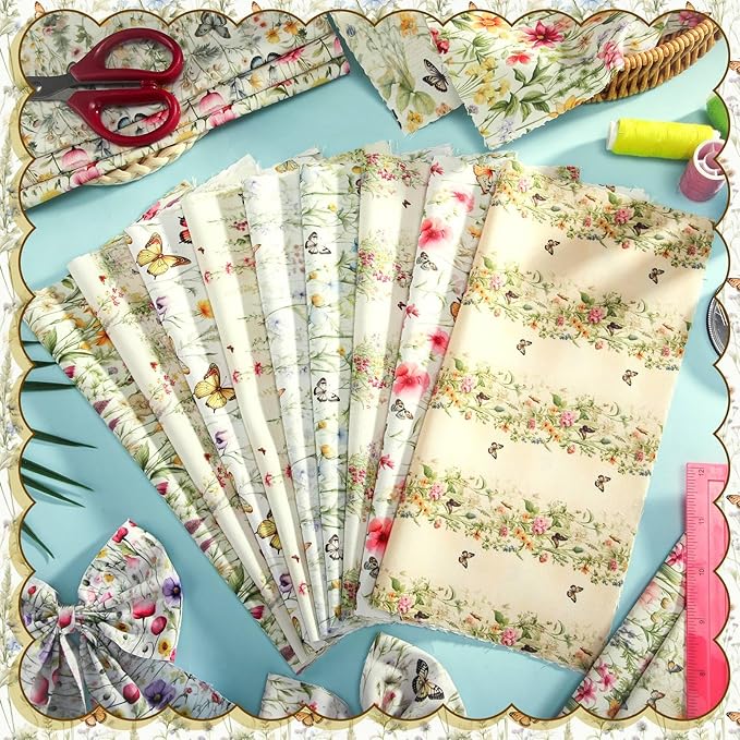 HunnmingRe 20 Pcs 10''x10'' Yellow Wildflower Quilting Fabric Square Romantic Wildflower Butterfly Quilted Fabric Bundle Spring Floral Precut Printed Patchwork Supplies for Summer DIY Sewing Craft