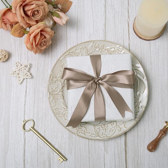 Champagne Double Face Satin Ribbon 1 Inch x 45 Yards Ivory Fabric Ribbon for Gift Wrapping, Flower Bouquets, Hair Bows Making, Wedding Decoration, Invitation Cards, Christmas (3 Rolls *15Yd)