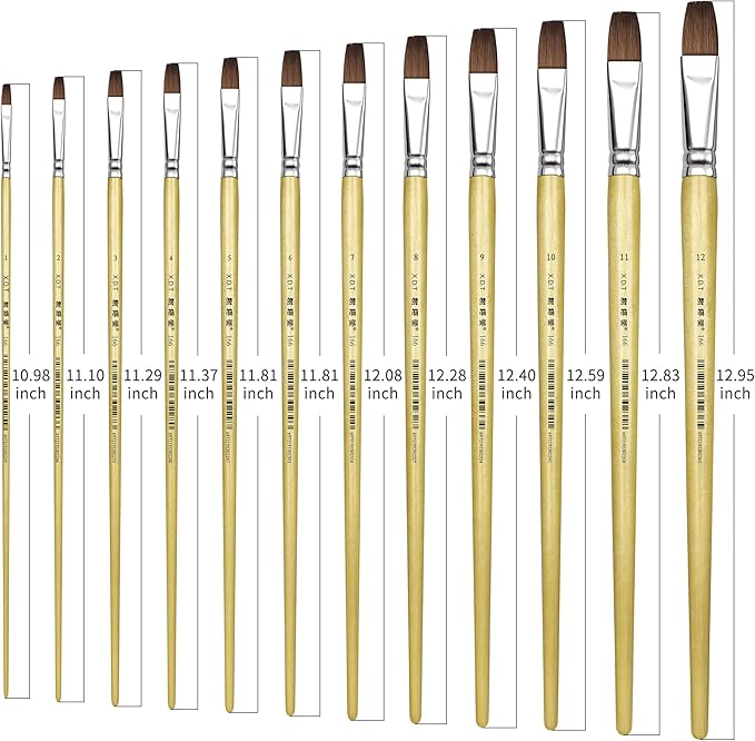 XDT#166 Bright Artist Paint Brush 12 Piece Set, Red Sable Flat Paint Brushes for Watercolor, Acrylic, Oil and Canvas Painting