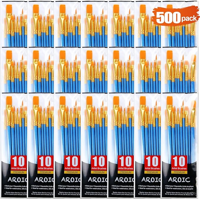 Acrylic Paint Brush Set, 50 Packs / 500 pcs Nylon Hair Brushes for All Purpose Oil Watercolor Painting Artist Professional Kits