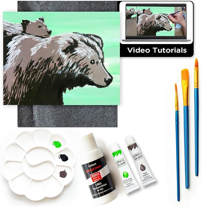 DIY Art Painting Kit for Adults – Learn to Paint Mama & Baby Bear with Video Tutorials – 9 Pieces Acrylic Paint Set for Adults –Perfect Christmas Crafts & Holiday Gifts for Art Lovers