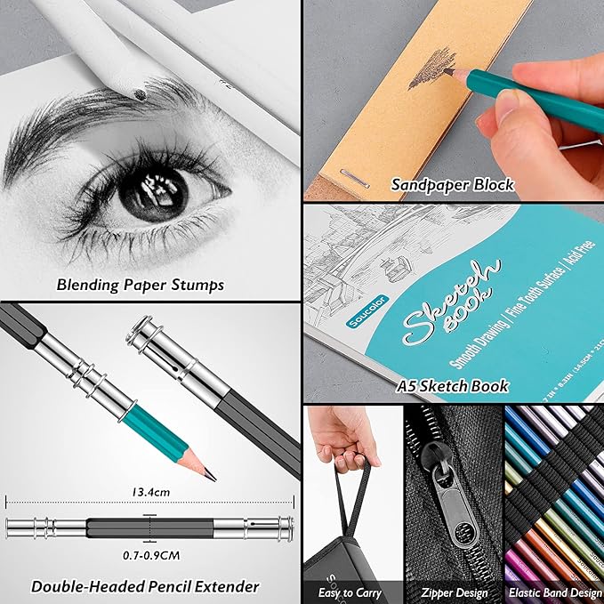 Soucolor 73 Pack Art Supplies Sketching Kit for Adults Gifts, Drawing Sketching Pencils with Sketchbook, Coloring Book, Colored Watercolor Metallic Graphite Charcoal Pencils