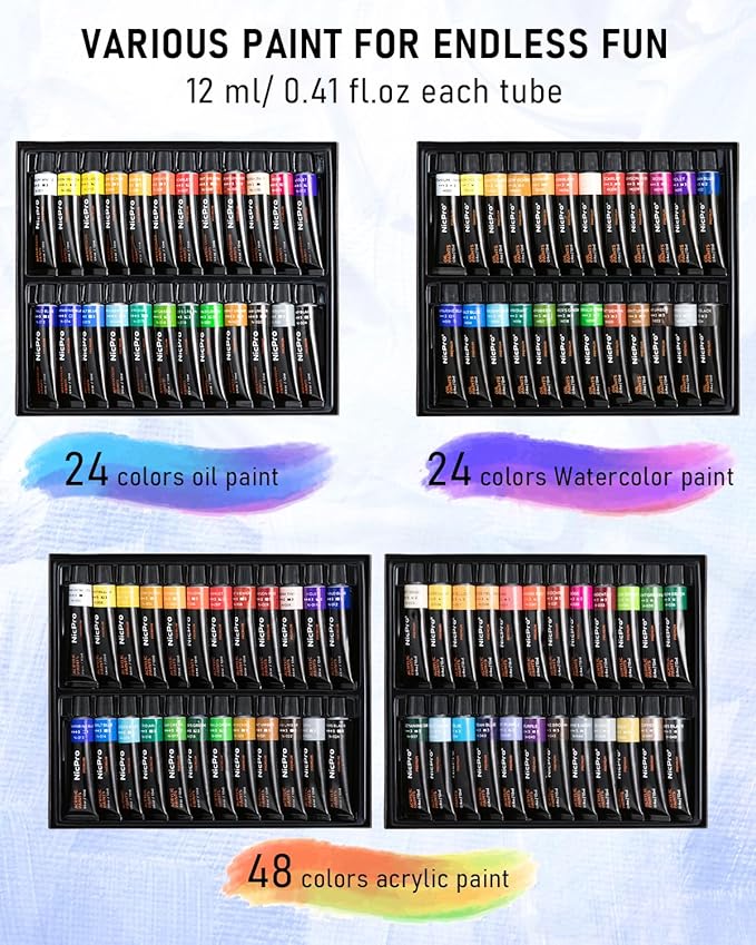 Nicpro 158PCS Deluxe Art Painting Kit with Metal and Solid Beech Wood Easel, Acrylic, Oil & Watercolor Paint Set, Paint Brushes, Canvas, Palette, Paper Pad, Professional Art Set for Adults Artist