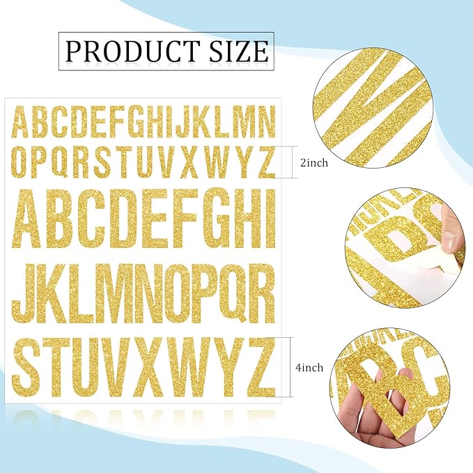 8 Sheet Glitter Letter Stickers Vinyl Alphabet Stickers Waterproof Self Adhesive Stick on Letters for Poster Bulletin Board Mailbox School Classrooms Decor(2 Inch, 4 Inch,Gold)