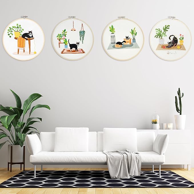 Bonroy 4 Sets Embroidery Set for Beginners, Art Craft, Easy Sewing, Includes Embroidery Clothing, Pattern, Embroidery Hoop, Instruction Manual, Colorful Thread Stitch Set (Cat)