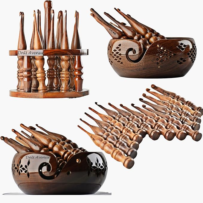 DnU Avenue Sheesham Wood Set of 13 Ergonomic Crochet Hooks 3.5 MM to 12 MM, Wooden Yarn Crochet Hooks for Arthritic Hands, Knitting & Crochet Storage, Soft Grip, Wood Finish, Brown (Only Hooks)