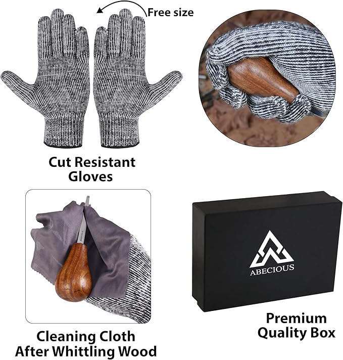 Premium Wood Carving Tools Set of 6 Pcs - Wood Carving Kit with Gloves for Woodcarving with Ash Handles Wood Carving set of Palm Gouges & Flat Chisels for Beginners to Whittling in Different Shapes
