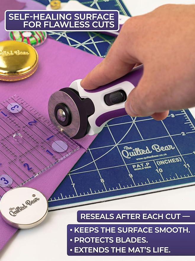 The Quilted Bear Rotating Cutting Mat 18" x 18" - Locking & Rotating Self Healing Cutting Board for Sewing, Fabric & Effortless Quilting - 360 Degree Sewing Supplies Mat for Craft Table (Blue)