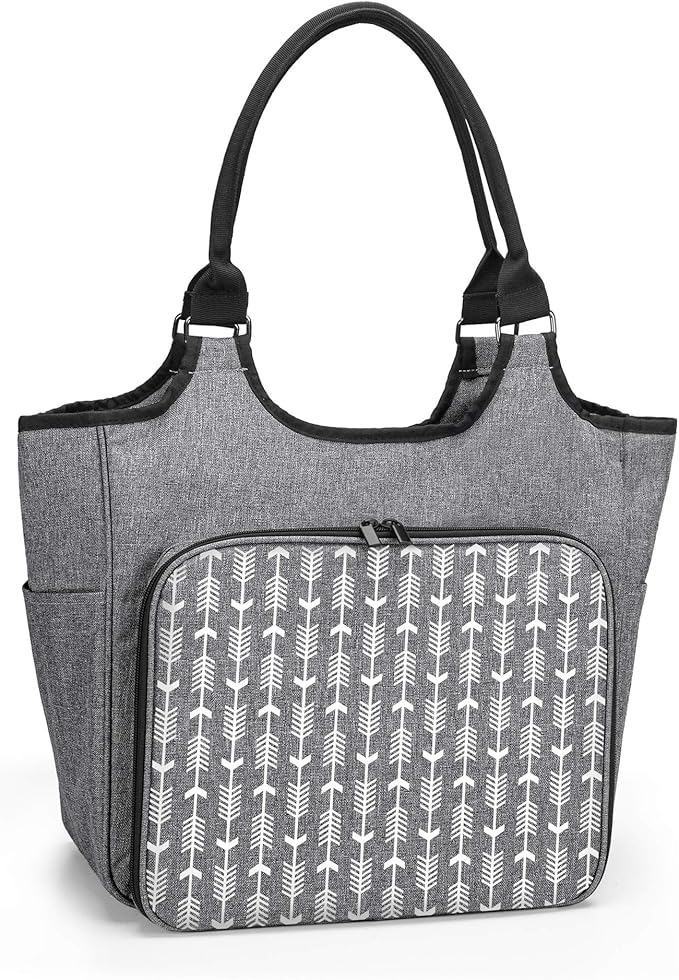 YARWO Knitting Tote Bag, Yarn Storage Organizer for Yarn Skeins, Knitting Needles, Crochet Hooks and Knitting Projects, Christmas & New Beginnings Gifts for Women, Gray with Arrow (Patent Pending)
