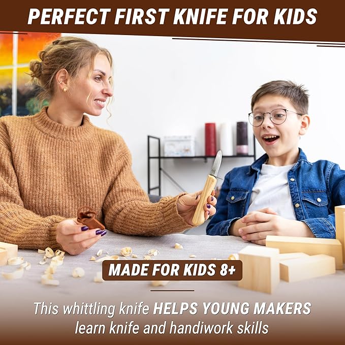 BeaverCraft Whittling Knife for Kids, Beginners - Safety Wood Carving Knife C1 Kid - Whittling Knives with Rounded Tip for Children, Entry-Level Carvers - Wood Carving Tools for Beginners, Boy Scout