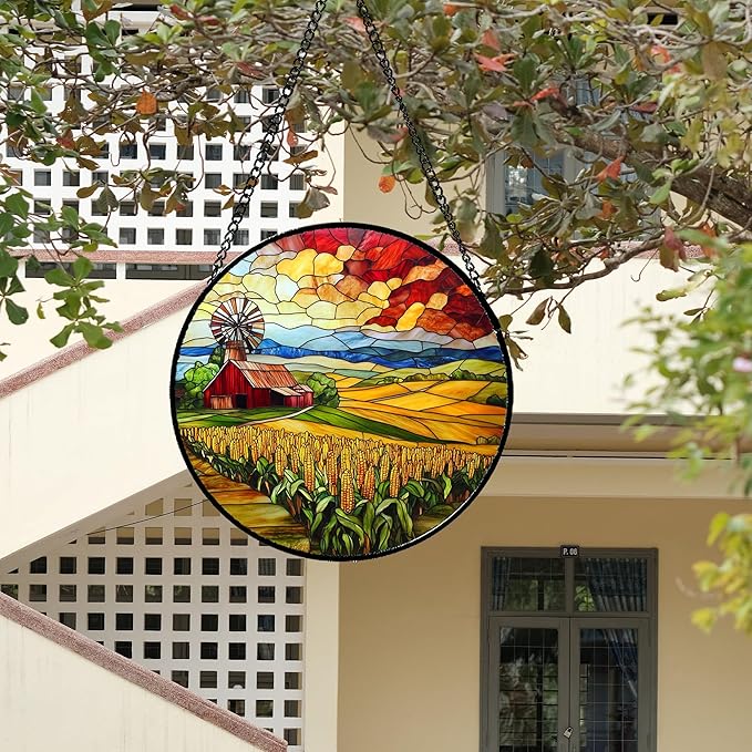 Stained Glass Window Hanging Autumn Farm Corn Harvest Landscape Large 15" - Suncatcher Garden Door Sun Catcher Home Decor Birthday Christmas for Woman Mom Friend Men Nana