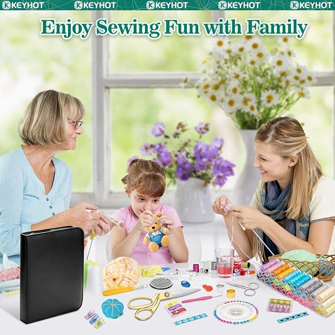 KEYHOT Sewing kit Basic,Needle and Thread Kit,Travel Small Sewing Machine Supplies for Adults Beginners Men, Home Travel Emergency Including Scissors Measure Tape Needle Threader (203pcs)