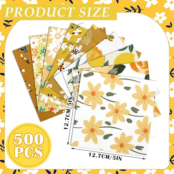 Ganeen 500 Pcs 5 x 5 Inches Cotton Fabric Squares Precut Quilting Fabric Bundles Solid Colors Quilt Material for DIY Craft Sewing Embroidery(Yellow Floral)