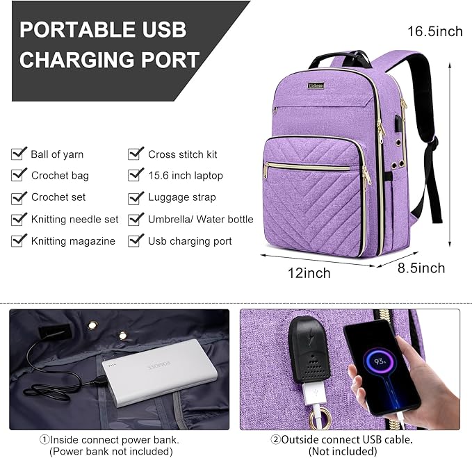 Knitting Bag Backpack, Crochet Bag Tote, Large Yarn Storage Tote Bag with USB Charging Port, Yarn Holder Case for Carrying Projects, Knitting Needles, Yarn Supplies, Purple