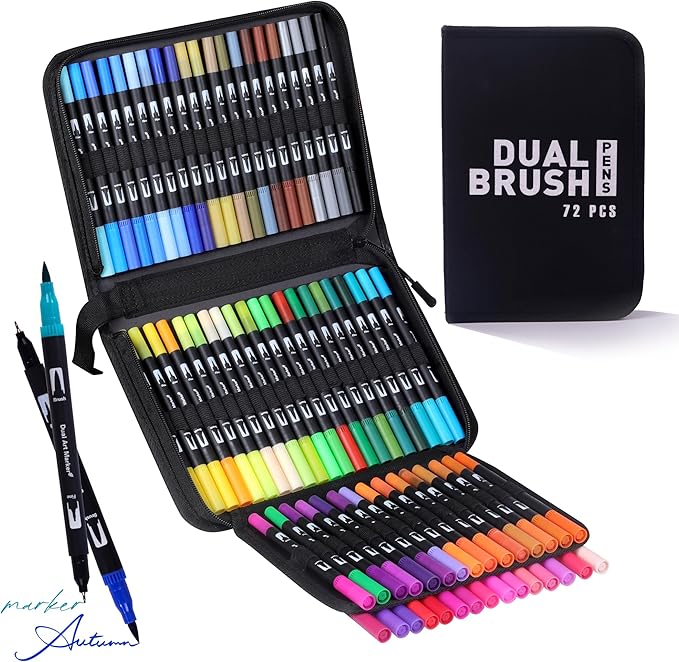 Dual Markers Brush Pens, 72 Colors Art Marker Set with Brush and Fine Tips – Premium Art Supplies for Adults, Perfect for Coloring Books, Hand Lettering, Calligraphy, and Drawing