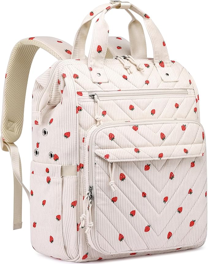 Crochet Bag Backpack, Yarn Storage, Large Crochet Storage Organizer for Knitting & Crochet Accessories, Kawaii Corduroy Crochet Supplies, Christmas Gifts for Women, Beige Strawberries