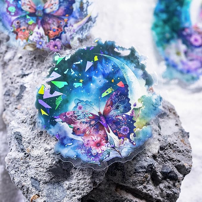 Yoksas 60Pcs Holographic Fantasy Butterfly Dragonfly Moon Stickers - Waterproof Nature Aesthetics Plants Insects Shiny Stickers for Scrapbooking,Junk Journals,Planner