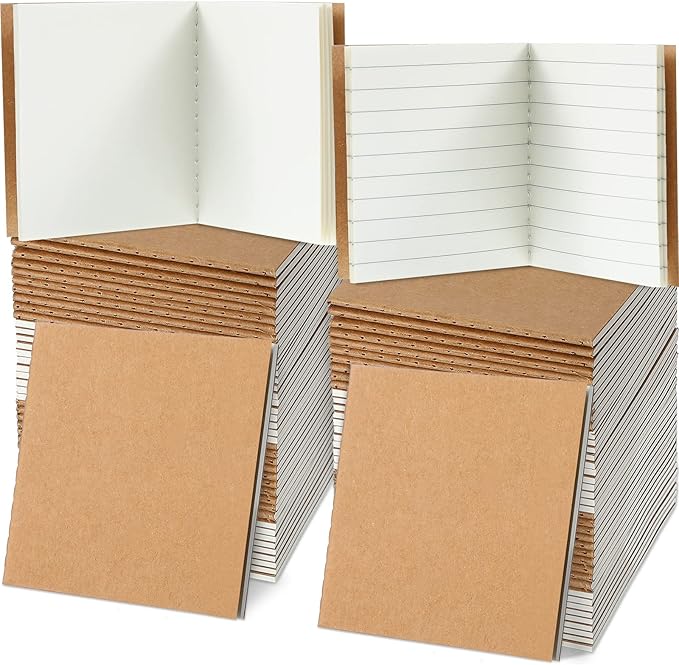 Thenshop 100 Pieces Mini Notebook Bulk Set Small Kraft Paper Journals Blank Lined Pocket Journal Sketchbooks for Drawing Writing Office Supplies 4 x 4 Inch Notebooks with 24 Sheets(Blank, Lined)