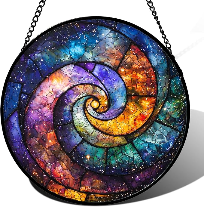 Stained Glass Window Hanging, Blue Orange Starry Sky Sun Catcher for Door Terrace Garden Home Decor, Abstract Universe Suncatcher Birthday Gifts for Lovers Women Men Dad Mom Nana 7.8 in