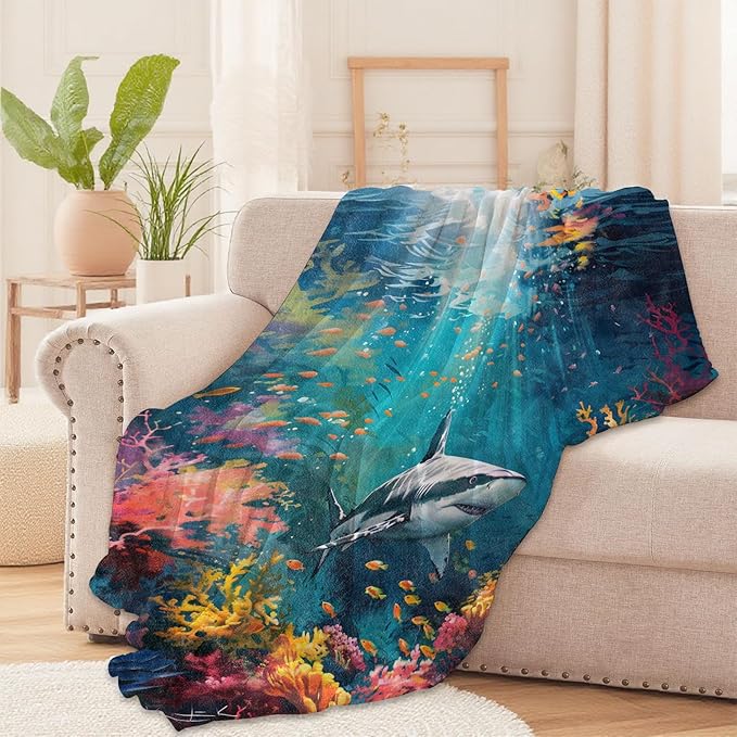 Shark Ocean Throw Blanket for Boys Girls Kids Adults Women, Fuzzy Warm Soft Cozy Flannel Blankets Gifts for Bedroom, Couch, Travel, Home Decor 40x50 in