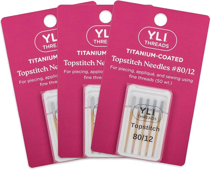 YLI Topstitch Needles, Titanium-Coated #80/12 – Large Eye & Deep Groove Fits All Home Sewing Machines – Pack of 15 Needles