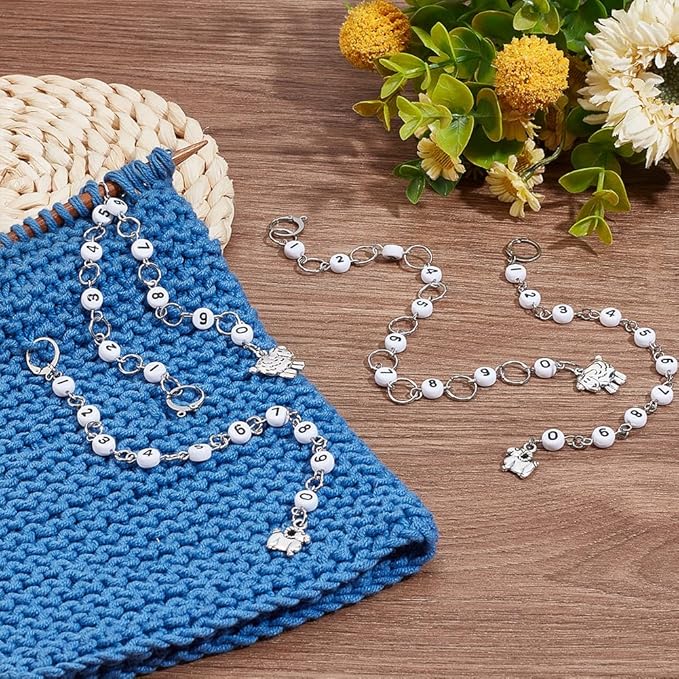 BENECREAT 4 Pcs 4 Style Row Counter Chains Set, Alloy Sheep Charm Chain Row Counter Knitting Row Counter Chains for Knitting and Crochet Crochet Stitch Markers