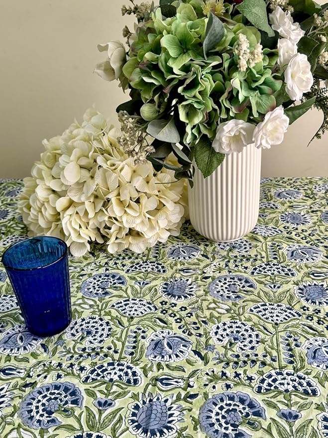 ATOSII Amara 100% Cotton Rectangle Fall Tablecloth, Handblock Floral Linen Table Cloth for Kitchen Dining Table I Parties Weddings Christmas I Fall Home Decor 60 X 108 Inches I 8 Seater